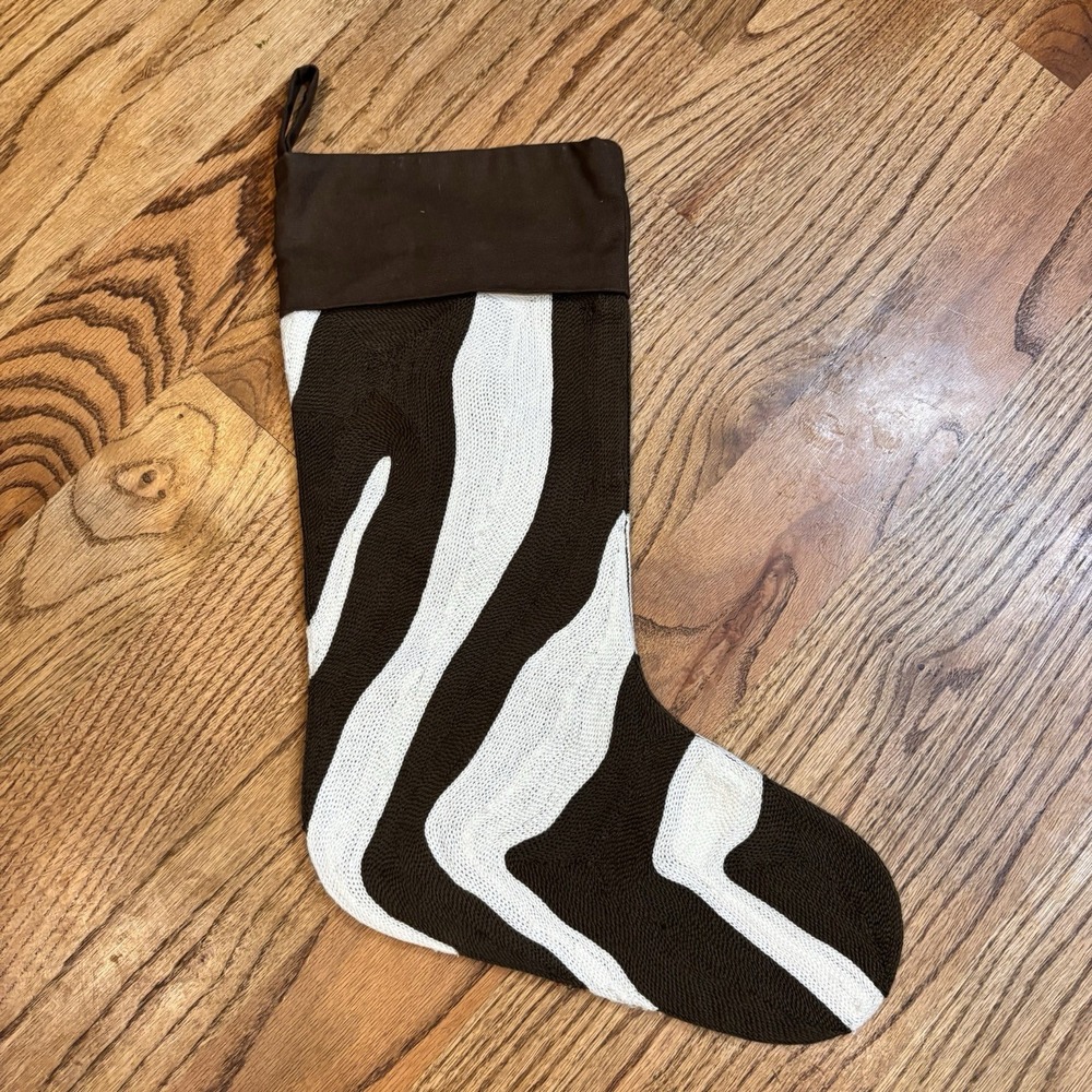 West Elm Zebra Stripe Christmas Stocking Brown White Knit 18" Modern Decor